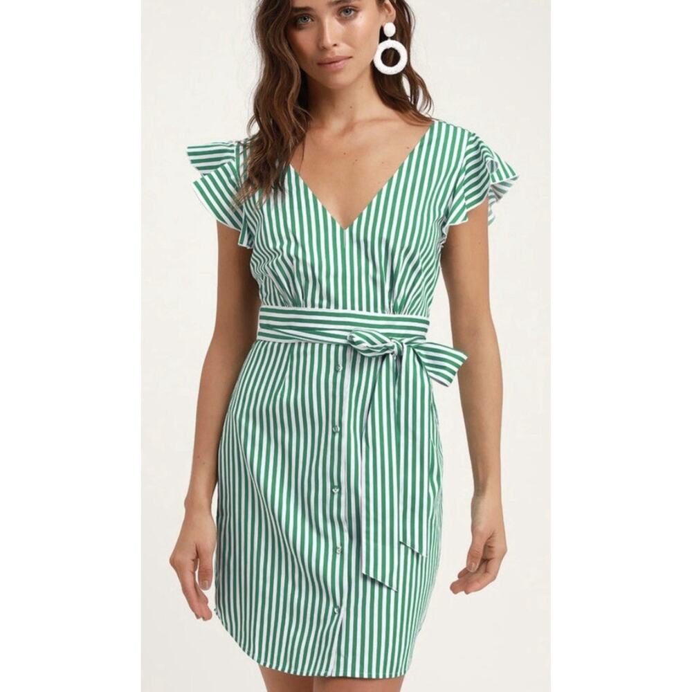 NWT Womens Dress 100% Cotton Shirt Dress Flutter Ruffle Sleeve Green Stripes 4